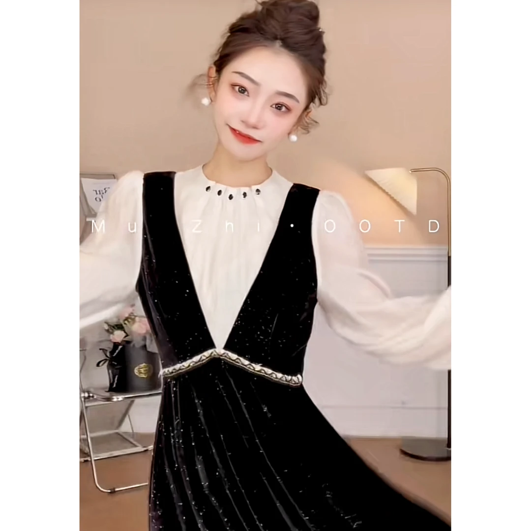 【怦然心动 沐汁】法式气质长裙赫本风假两件丝绒连衣裙秋冬ZL39872