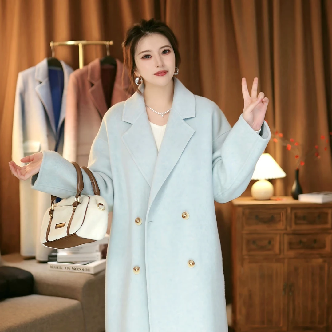 【鹿溪儿专属】大衣2024年新款双面羊毛大衣中长款女宽松休闲双排扣