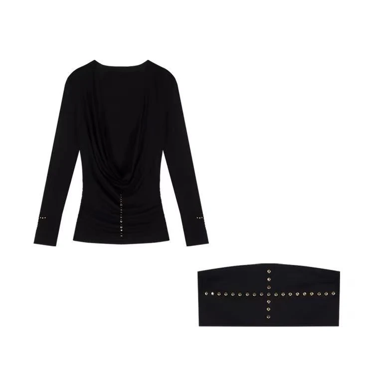 美式辣妹深v领长袖针织T恤女冬季黑色修身铆钉上衣鲁穿抹胸两件套