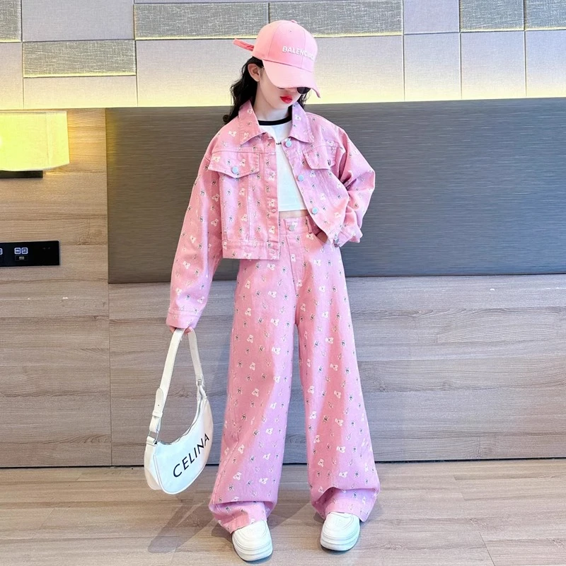女童春秋牛仔套装2025新款洋气大童韩版春装儿童休闲阔腿裤两件套