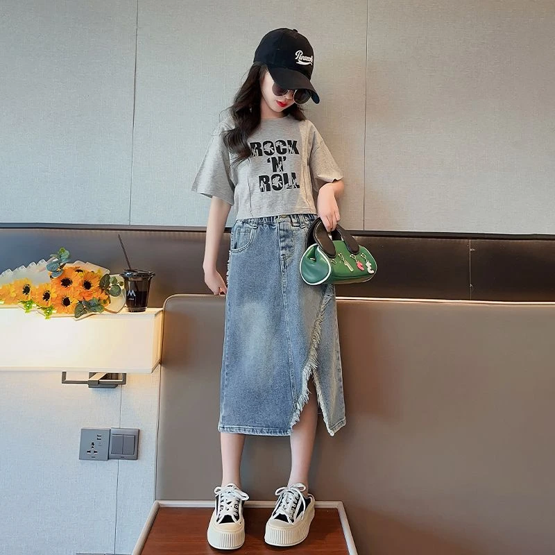 女童洋装夏装2023新款大童装夏季洋派短袖儿童牛仔半身裙子套装