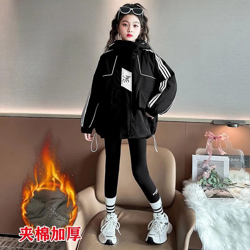 夹棉外套女童2023新款秋冬儿童连帽保暖洋气中大童深秋加厚冲锋衣