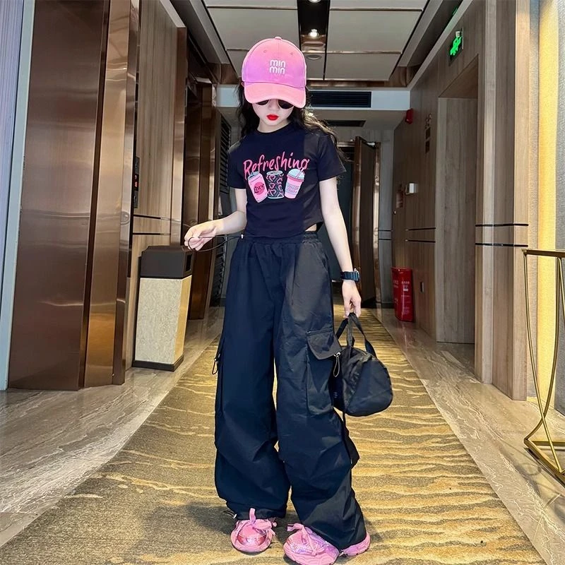 超酷女童穿搭套装2025新款女大童夏季美式t恤儿童夏装黑色工装裤9