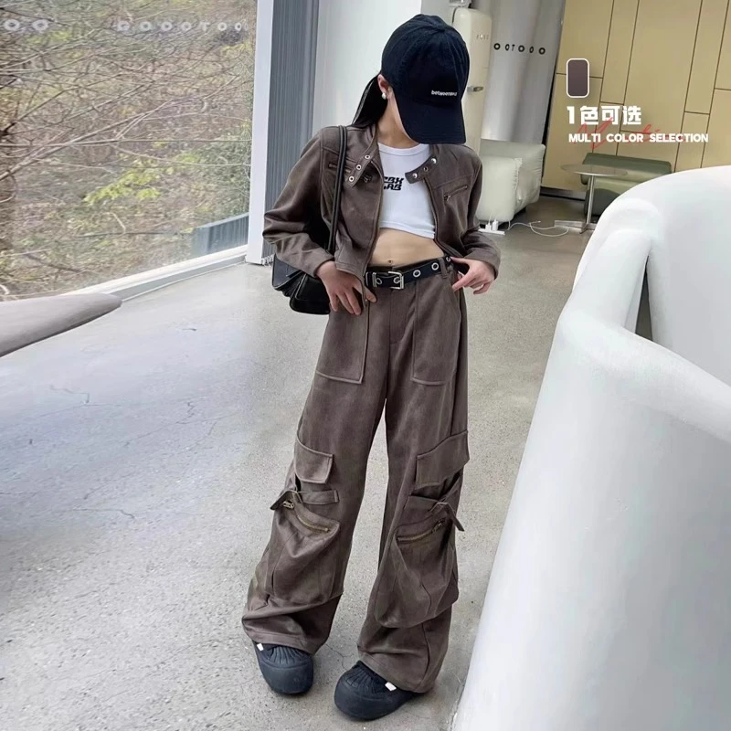 女童春秋工装套装2025新款大童美式复古炸街短款机车服时尚两件套