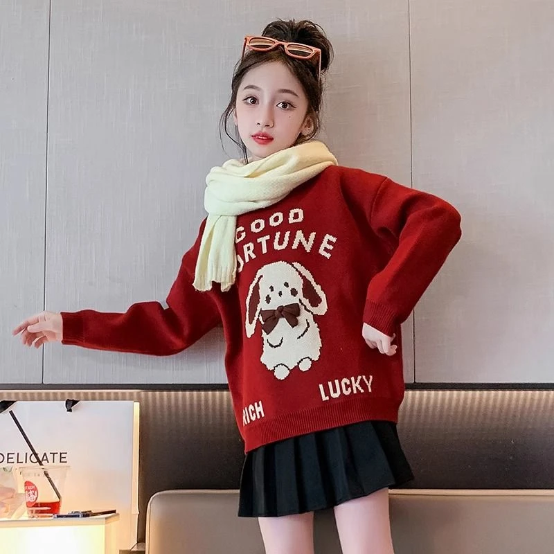儿童红色毛衣加绒冬季2024新款女童本命拜年服秋冬女孩针织衫上衣