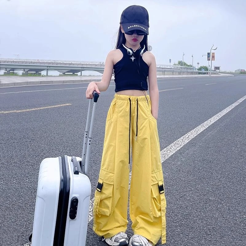 女童夏季美式多巴胺黄色纽扣飘带抽绳机能风工装休闲直筒阔腿长裤