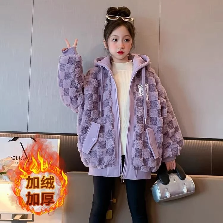 女童加绒外套秋冬装2024新款洋气儿童羊羔绒上衣女大童加厚毛毛衣