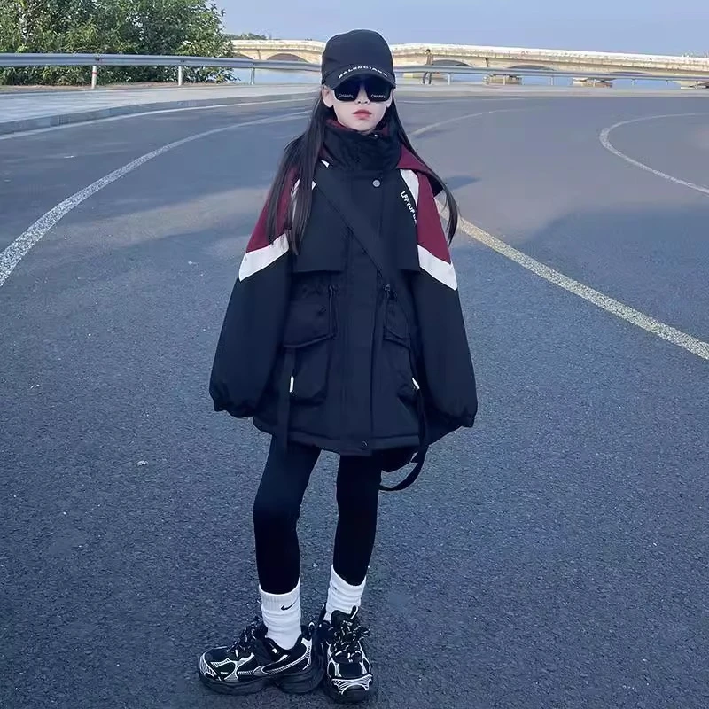 女童外套冲锋衣2025新款洋气中长款大童冬装儿童加绒加厚派克棉服