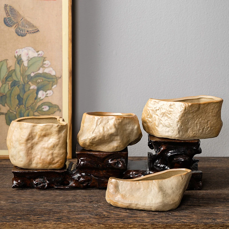 粗陶仿小号石头多肉花盆植物复古简约盆栽拇指盆透气桌面