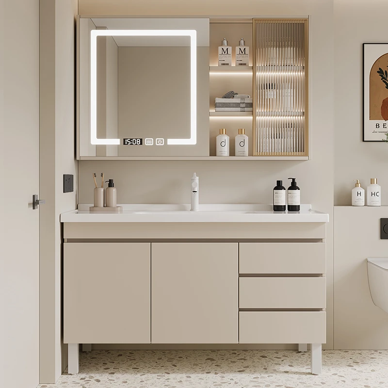 奶油风落地式浴室柜陶瓷一体盆卫生间洗漱台洗脸洗手盆柜组合卫浴