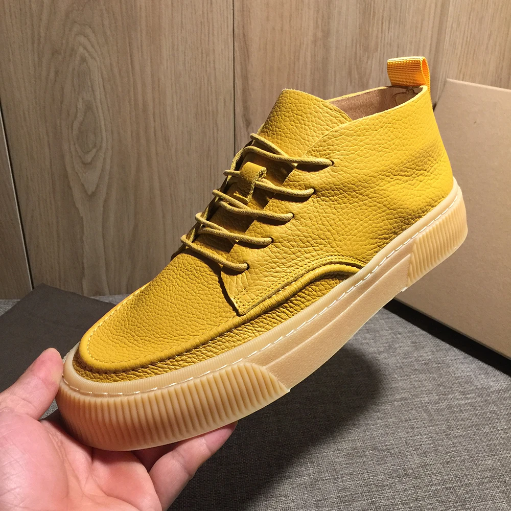 夏季欧洲站高帮鞋男真皮系带黄色时尚休闲鞋百搭透气头层牛皮板鞋