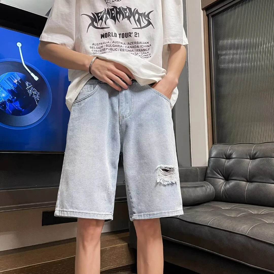 夏季港风宽松短裤男运动裤夏季破洞牛仔短裤