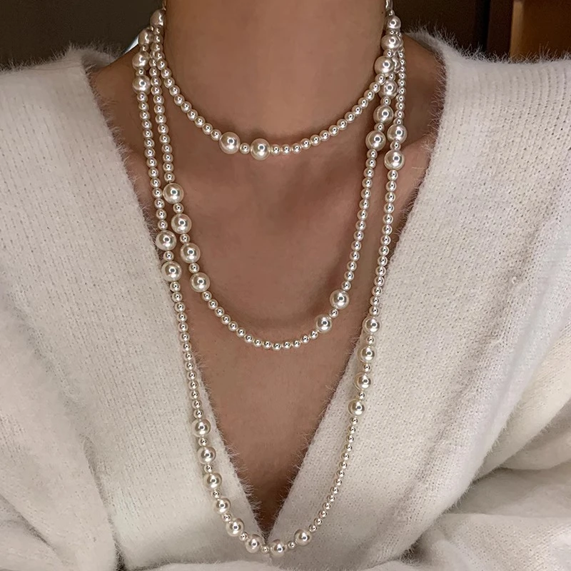 铜仿珍珠项链 超长款澳白珠珠毛衣链高级感双层叠戴高档大气项链