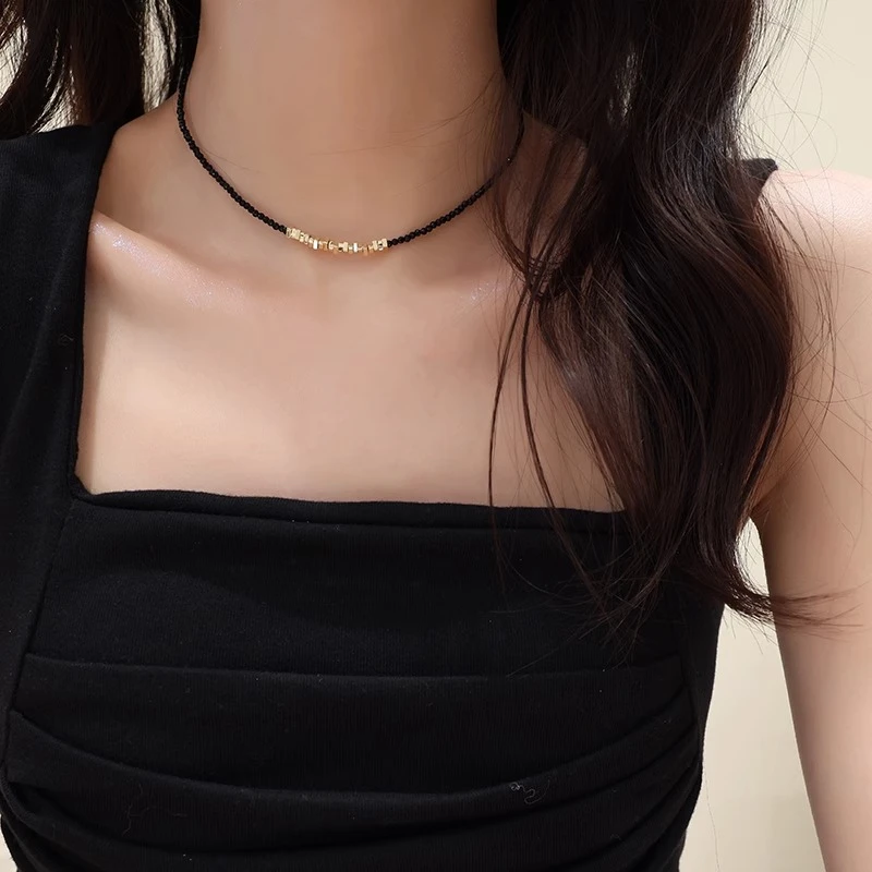 铜仿水晶项链 时尚黑色串珠项链女轻奢小众高级感气质颈链锁骨链