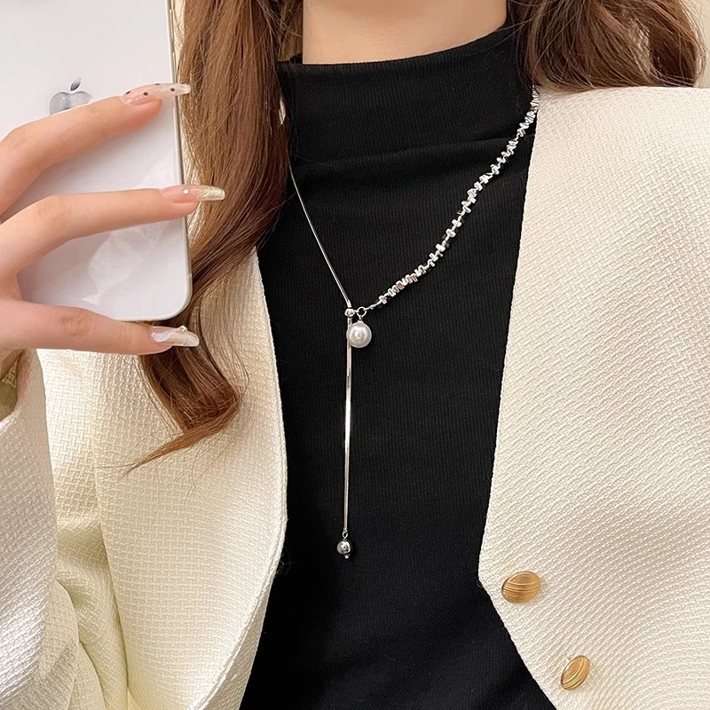 钛钢项链 轻奢珠珠项链女小众锁骨链毛衣链ins高级感抽拉式颈链潮
