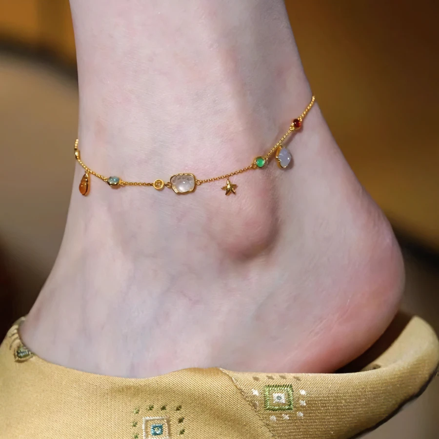 铜合金脚链 度假风螃蟹海星彩宝脚链女轻奢小众高级感气质足链夏