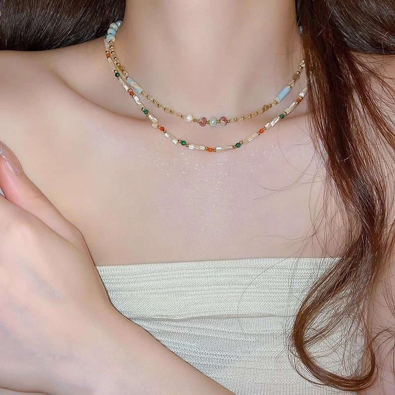 铜合金项链 春夏彩色串珠项链女高级感轻奢小众锁骨链叠戴颈链潮