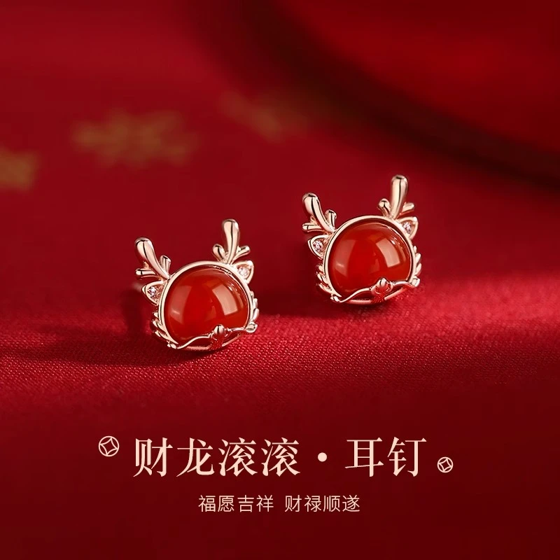 铜合金耳饰 红色龙年财龙耳钉2024新年爆款耳环女本命年耳饰礼物