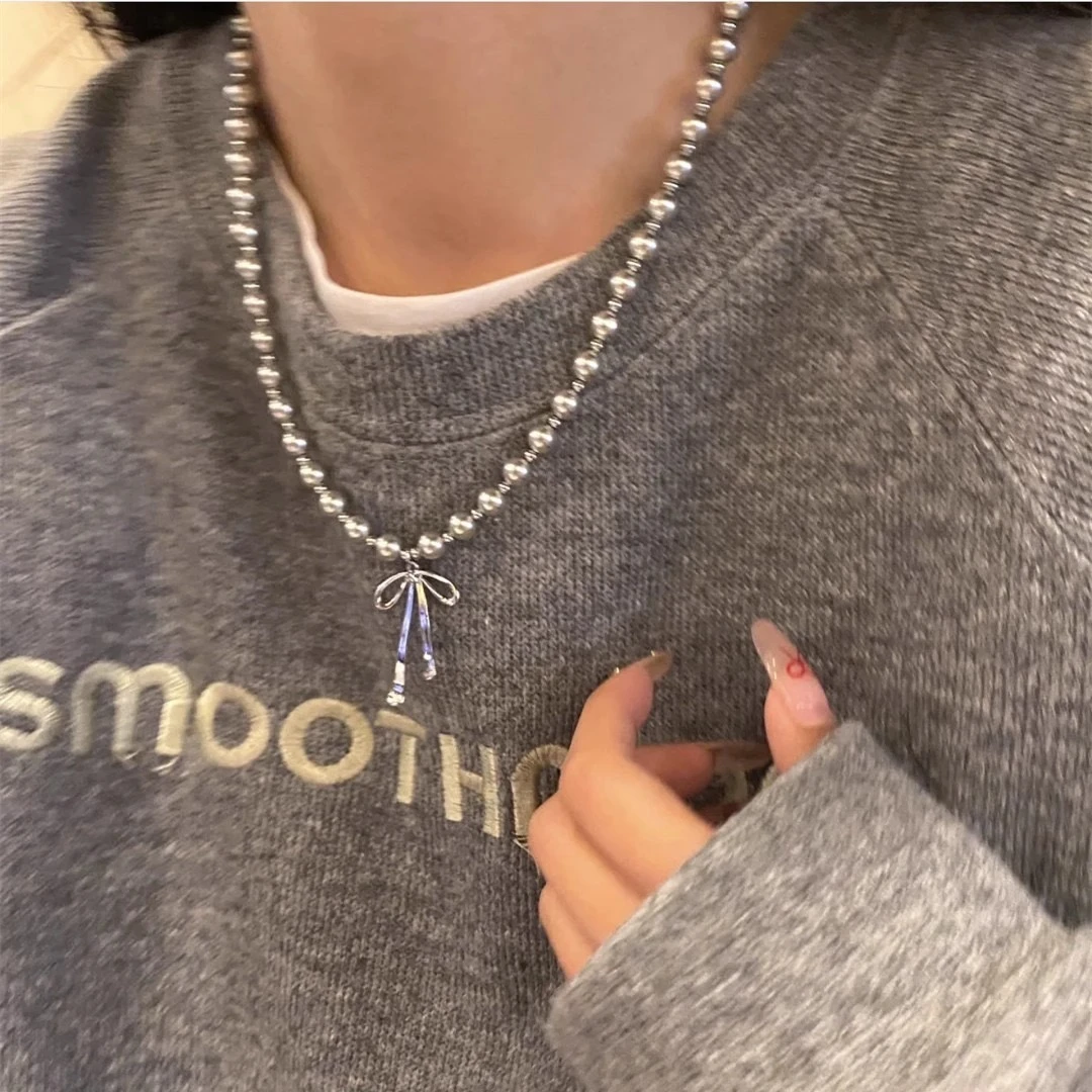 钛钢仿珍珠项链 灰色蝴蝶结珠珠项链女锁骨链轻奢小众毛衣链配饰