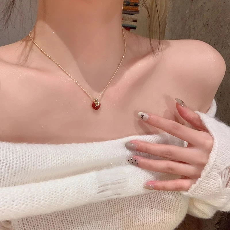 铜合金项链 复古安可拉红滴釉爱心毛衣链高级感项链女颈链锁骨链