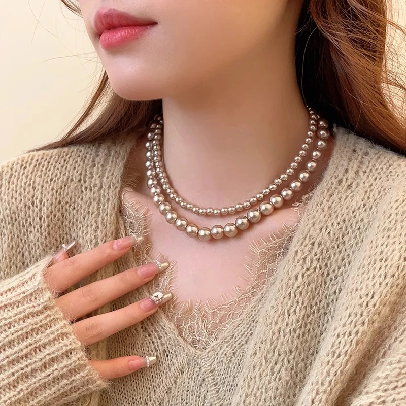 钛钢仿珍珠项链 倪妮同款香槟色珠珠项链女轻奢高级感颈链毛衣链