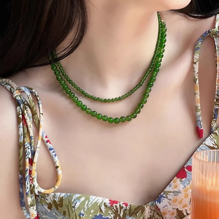 铜合金项链 新中式显白绿色串珠项链女高级感轻奢小众锁骨链饰品