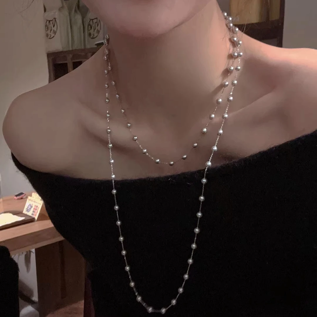 铜仿珍珠项链 满天星珠珠项链女长款毛衣链高级感双层叠戴锁骨链