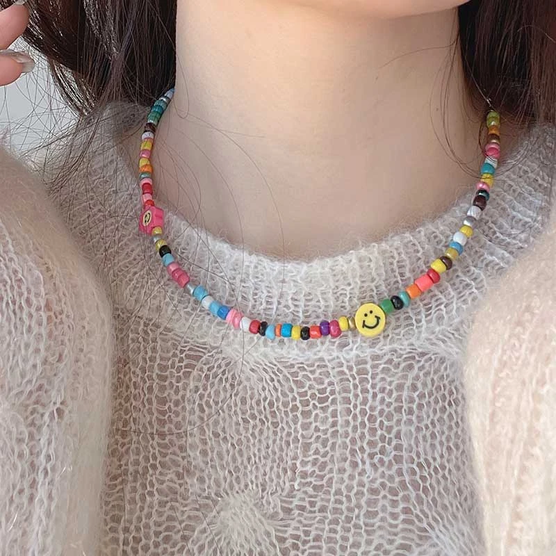 合金玻璃项链 杨幂同款笑脸项链可爱项圈少女心甜美彩虹色锁骨链