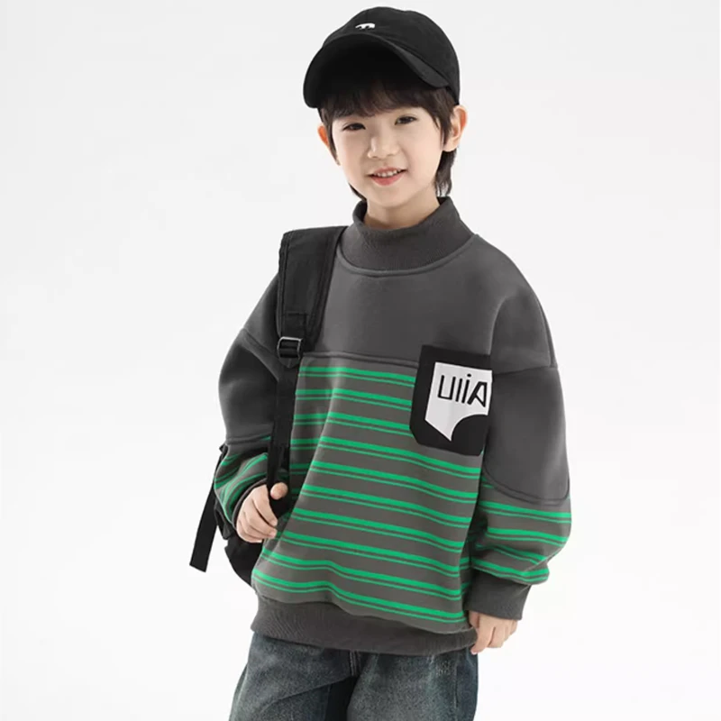 中大童童加绒卫衣2024秋冬新款儿童长袖上衣男孩加厚保暖洋气