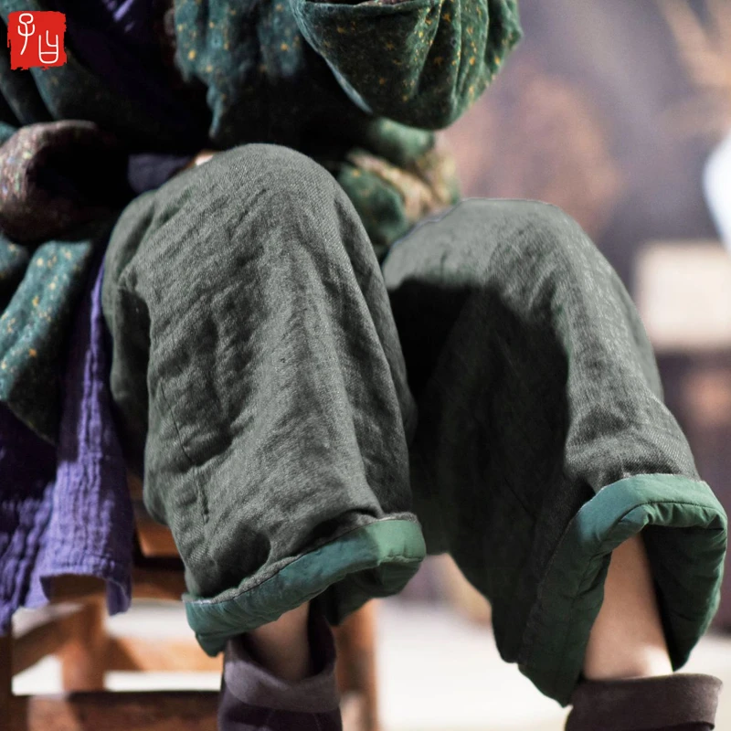 亚麻抽绳棉裤九分裤子冬季宽松夹棉保暖休闲裤百搭松紧腰阔腿裤