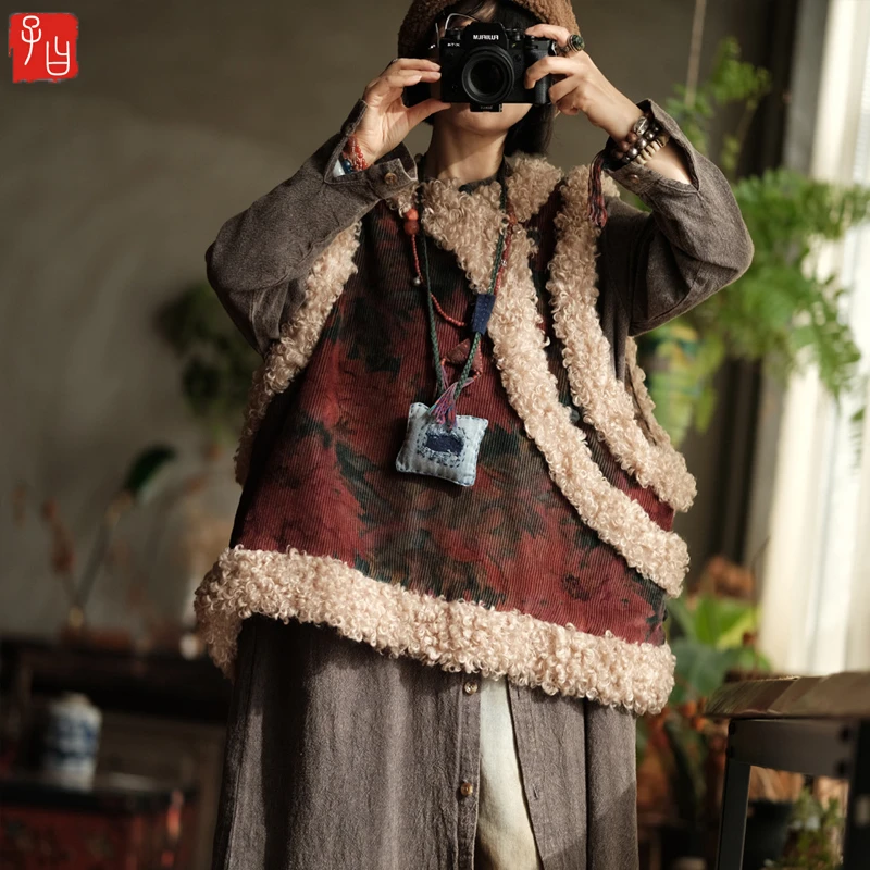 子曰原创灯芯绒羊卷毛夹棉坎肩复古斜襟盘扣印花保暖马甲无袖外搭