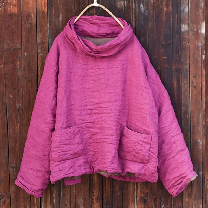 子曰麻花领套头砂亚麻棉衣轻薄棉服女宽松文艺夹棉保暖高领棉袄