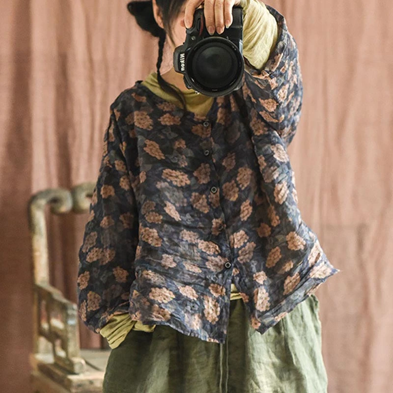 子曰文艺复古轻薄苎麻印花衬衣开衫来去缝花色薄外搭空调衫防晒衣