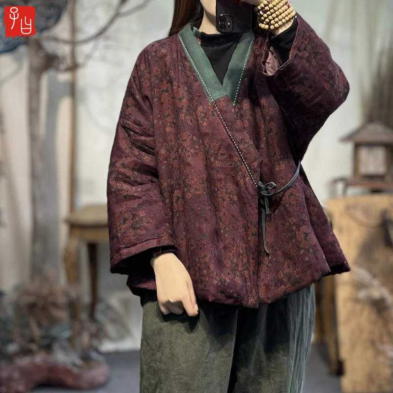 复古国风斜襟撞色V领亚麻印花棉服棉袄 手工线迹宽松系带棉衣茶服