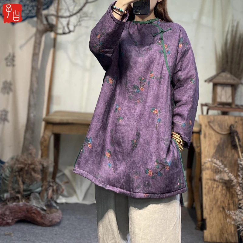 子曰数码印花苎麻偏襟盘扣棉衣夹棉保暖中长款开叉棉服茶服