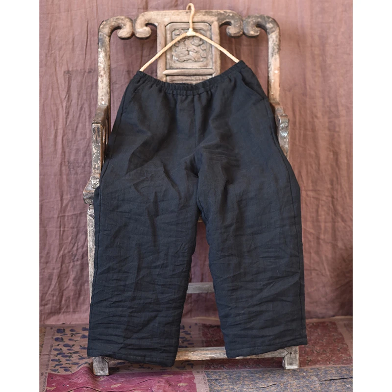 子曰原创高品质亚麻夹棉直筒裤文艺显瘦保暖女式休闲长裤外穿棉裤