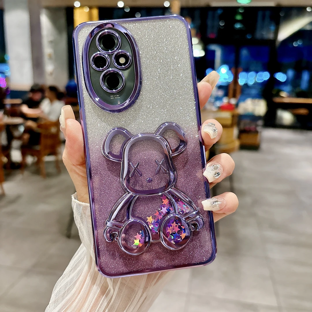 立体流沙熊适用荣耀200手机壳新款2024女款华为100pro渐变闪粉90