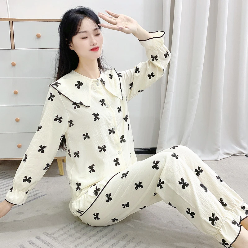 新款春秋睡衣女甜美荷叶边卡通熊少女生云朵棉大码家居服套装Y129