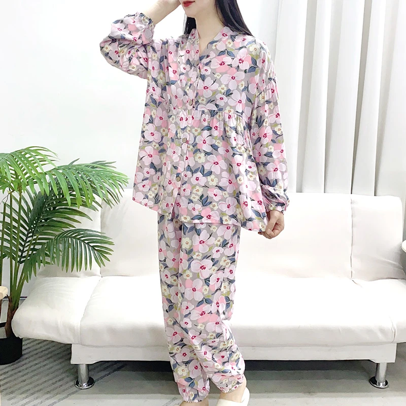 【长袖长裤V领】夏季绵绸睡衣女宽松显瘦休闲时尚韩版家居服Y106
