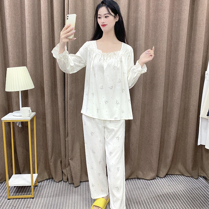 新款云朵棉睡衣女方领长袖长裤可外穿泡泡袖小清新家居睡衣Y130