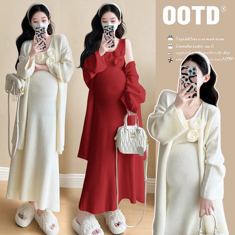孕妇装秋冬2024新款气质修身弹力裙法式花朵针织连衣裙开衫两件套