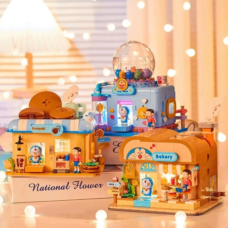 贝乐迪哆啦a梦面包店小颗粒街景建筑男女孩礼物益智拼装积木玩具