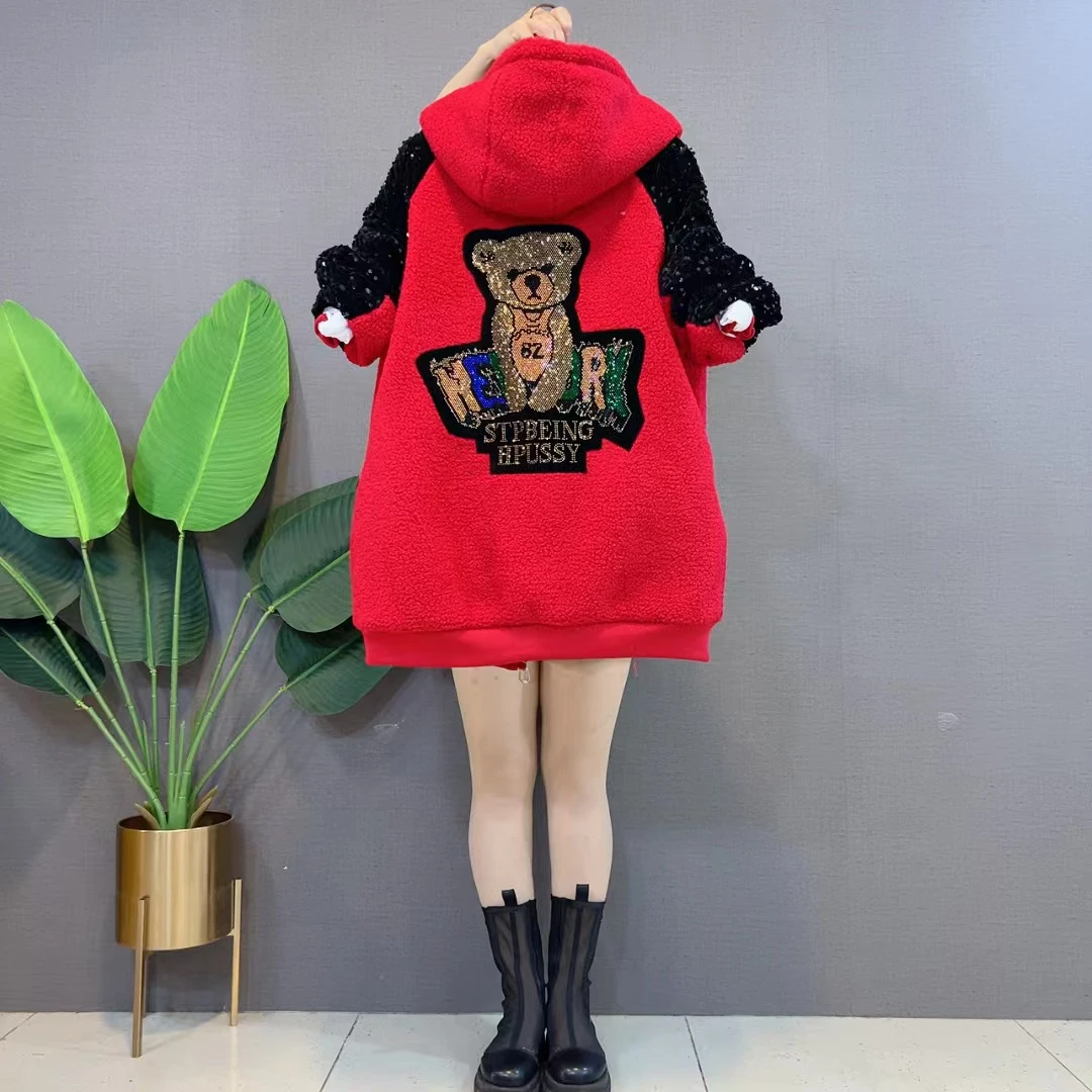 欧货烫钻拼接加绒加厚连帽卫衣大码女装新款时尚显瘦遮肉开衫外套