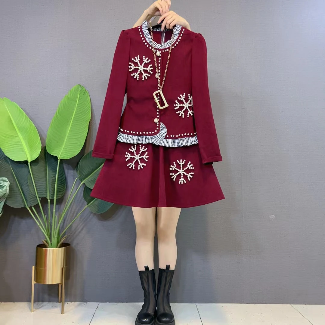 欧货女装洋气重工雪花钉珠上衣短裙胖妹妹时尚减龄风显瘦两件套