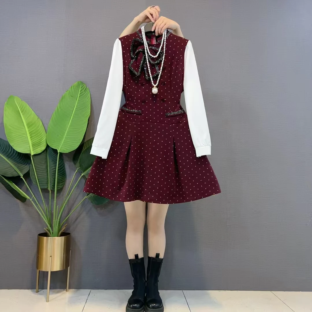 欧货新款假两件蝴蝶结高级感A字版洋气减龄甜美时尚收腰连衣裙