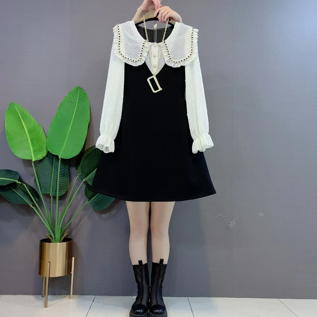 欧货假两件拼接设计遮肉显瘦胖mm洋气娃娃领减龄洋气连衣裙女