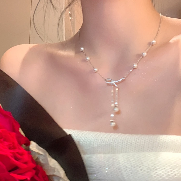 铜合金项链 蝴蝶结珠珠流苏项链女轻奢小众设计感气质温柔锁骨链