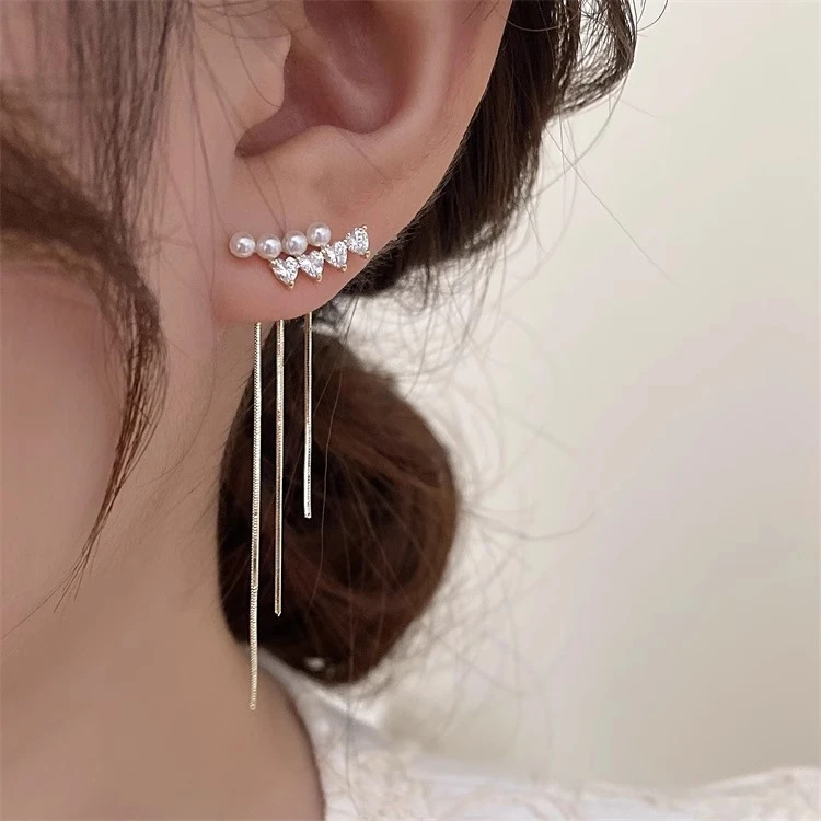 卡柒 非金属仿珍珠耳饰 爱心锆石珠珠流苏耳环轻奢高级感女生耳钉