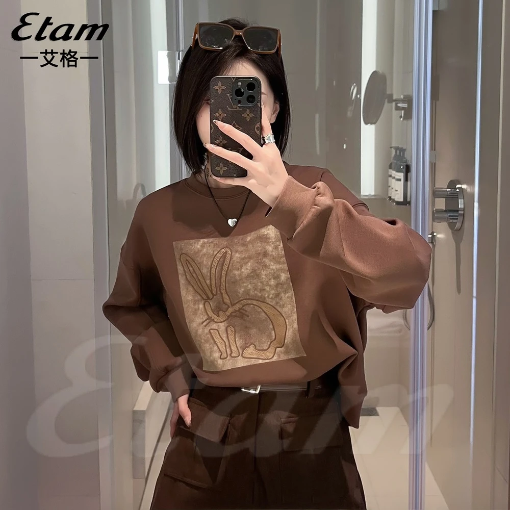 Etam/艾格2024春季新款卫衣重工圆领印花休闲时尚长袖上衣