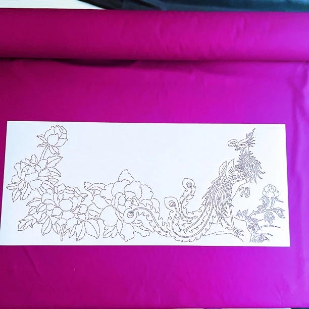 R257-2 刺子绣模版凤穿牡丹模板可重复使用可水洗聚乙烯97*42cm